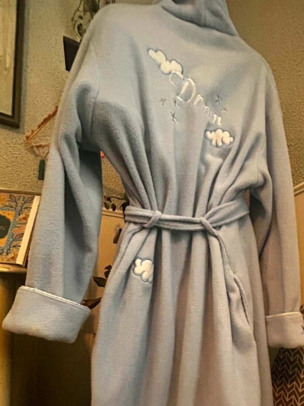 Vintage celestial baby blue house robe embroidered sun, moon, stars, dream XL